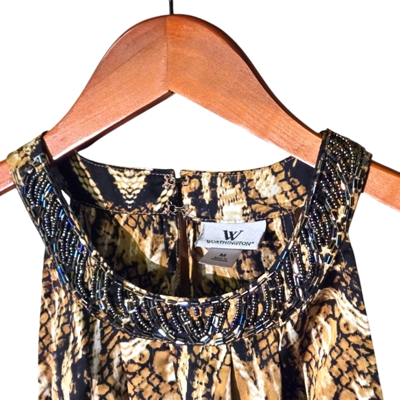 Worthington Snake Print Halter-type Top Beaded High Gathered Neckline Women's M - Picture 1 of 11